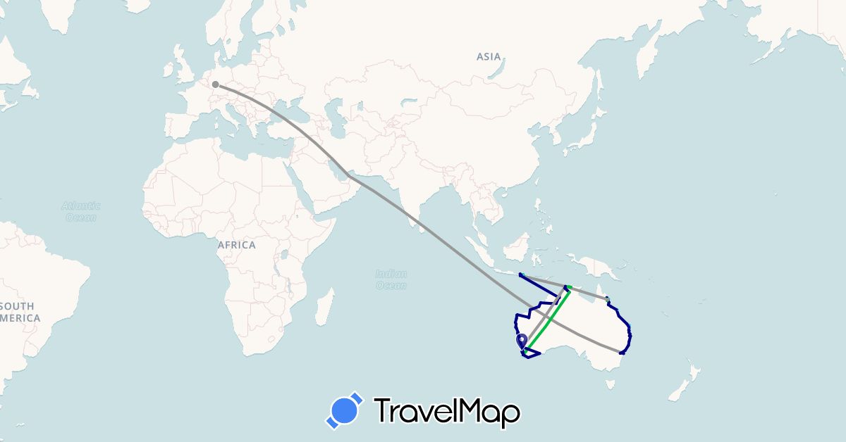 TravelMap itinerary: driving, bus, plane, boat, motorbike in United Arab Emirates, Australia, Germany, Indonesia (Asia, Europe, Oceania)